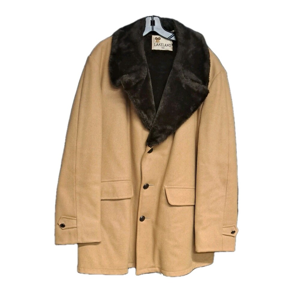 Lakeland Wool Coat Men's 50 Vintage Faux Fur Lined Tan Overcoat Quiet Luxury USA
